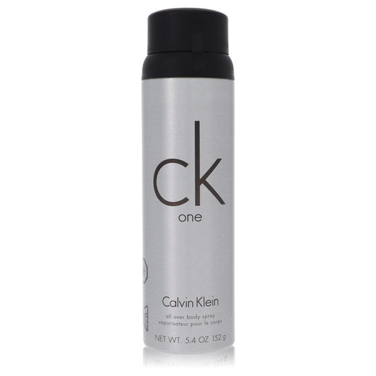 Body spray bottle with black cap, silver canister labeled CK one and Calvin Klein