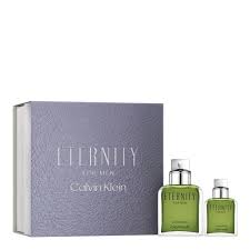 Calvin Klein Eternity men’s cologne gift set with two green bottles and gray box