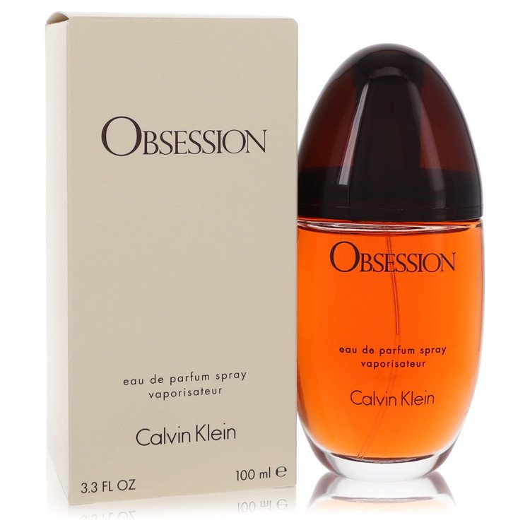 Calvin Klein Obsession eau de parfum spray with amber bottle and beige box, 3.3 fl oz
