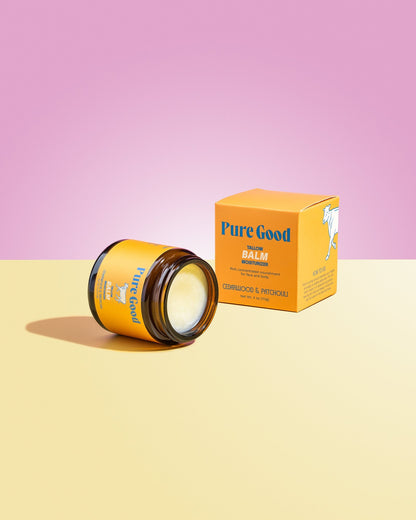 Tallow balm jar and orange Pure Good carton, cedarwood & patchouli