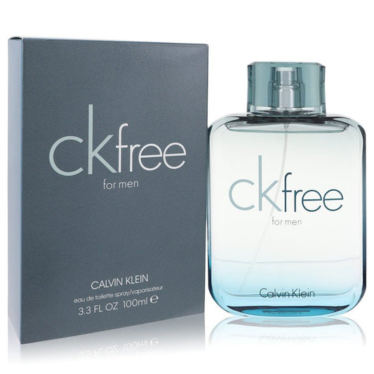 Men's CKfree eau de toilette spray bottle with silver cap and matching gray box