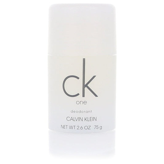 White CK One deodorant stick, CALVIN KLEIN logo on front, net wt 2.6 oz 75 g