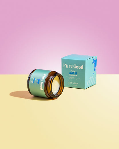 Tallow balm jar and teal product box, Clean & Fresh style labeling.