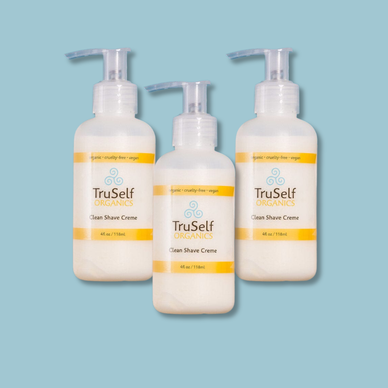 Clean Shave Creme set of three pump bottles with orange-banded labels