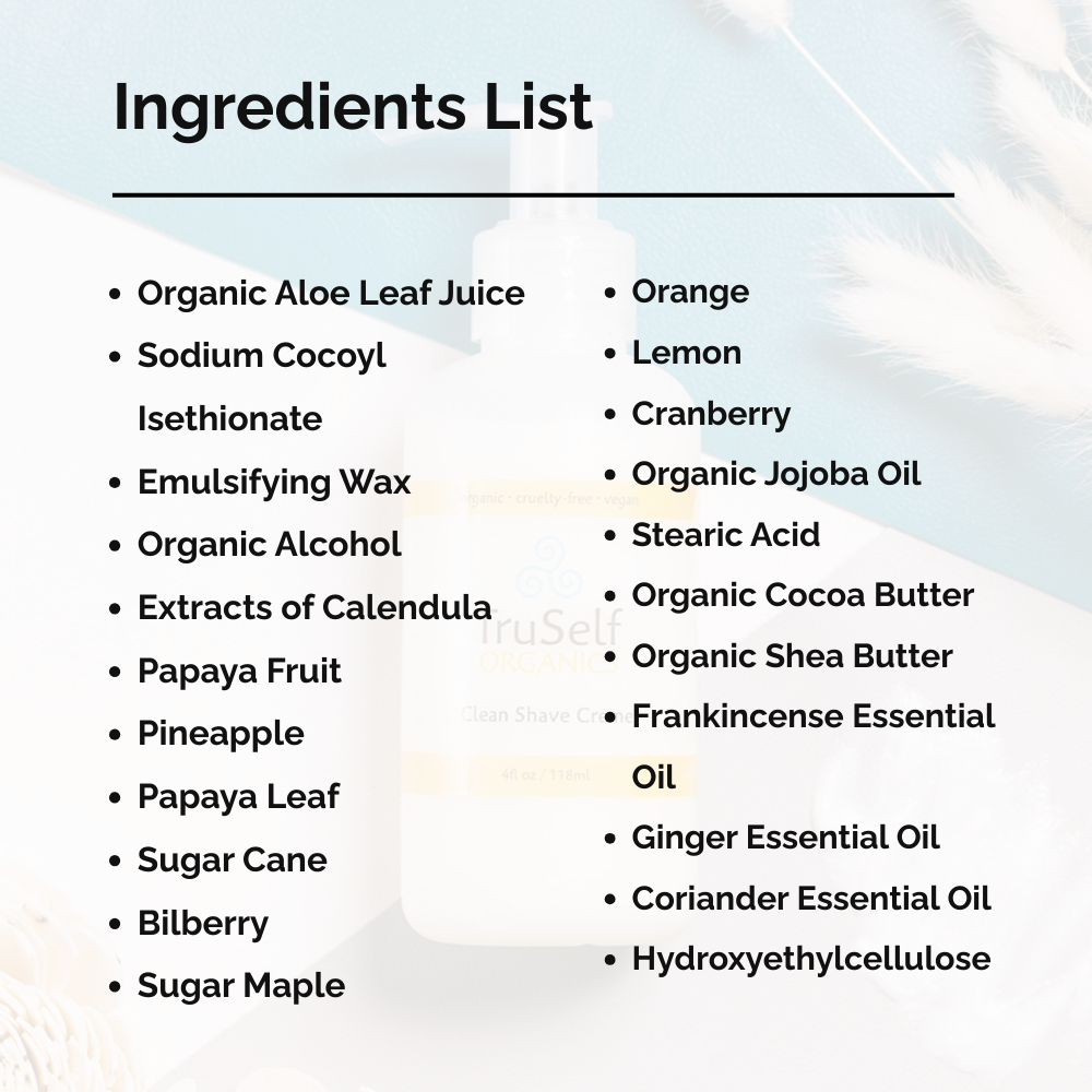 Ingredients list graphic for Clean Shave Creme: aloe, orange, lemon, cranberry, jojoba