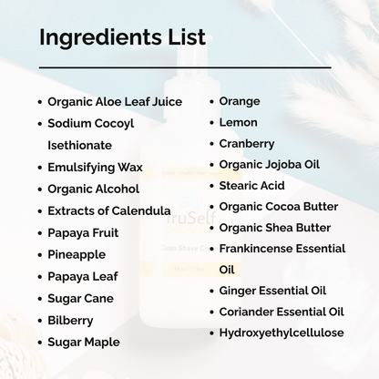 Ingredients list graphic for Clean Shave Creme: aloe, orange, lemon, cranberry, jojoba