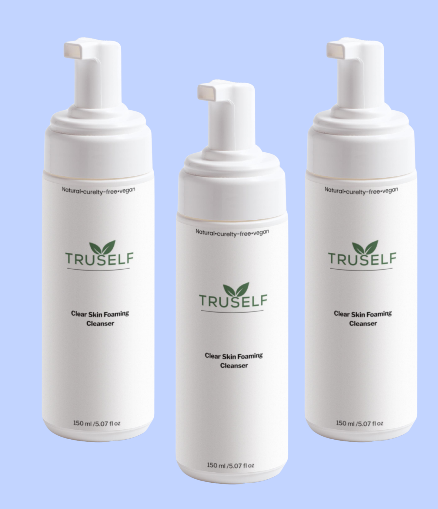 Three TRUSELF foaming cleanser bottles with white pumps, 150 ml each