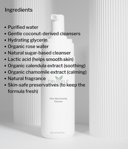 TRUSELF clear skin foaming cleanser bottle with ingredients panel, 150 ml