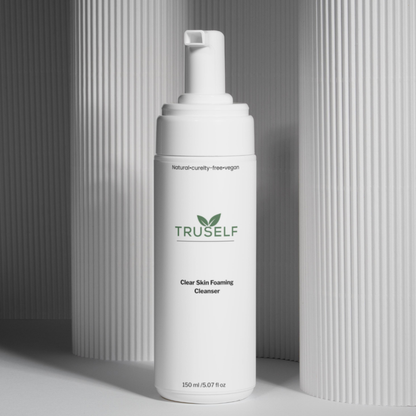 TRUSELF clear skin foaming cleanser bottle, white pump, 150 ml (front view)