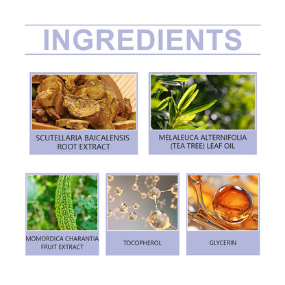 Acne pimple patch ingredient images showing plant extracts, tea tree oil, and glycerin