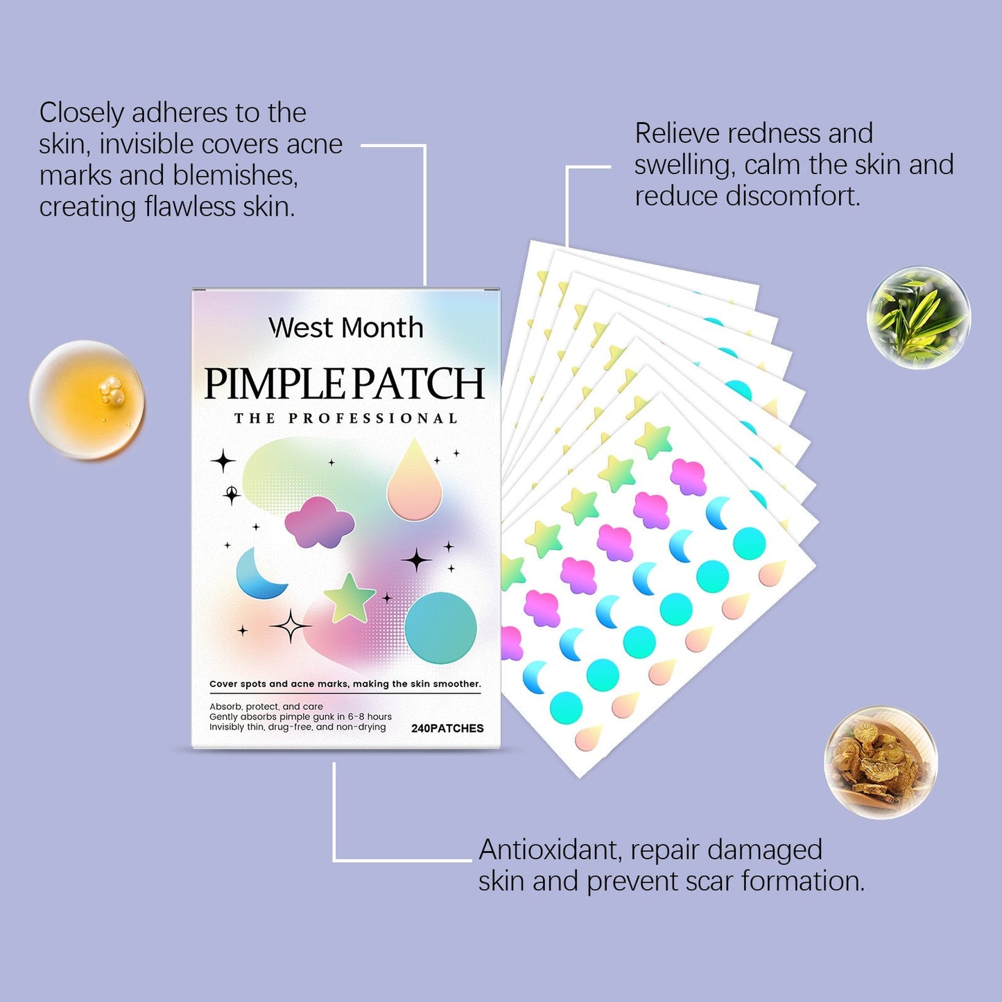 Acne pimple patch box with adhesive patch sheets and illustrated performance icons