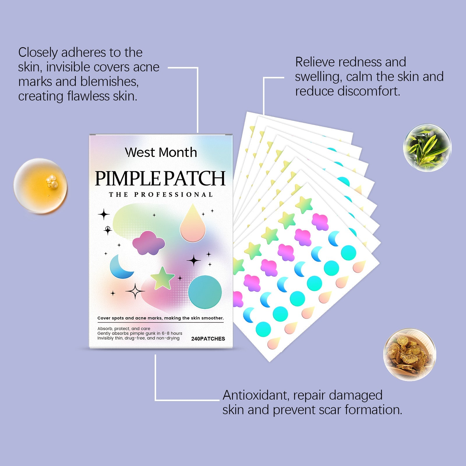 Acne pimple patch box with adhesive patch sheets and illustrated performance icons