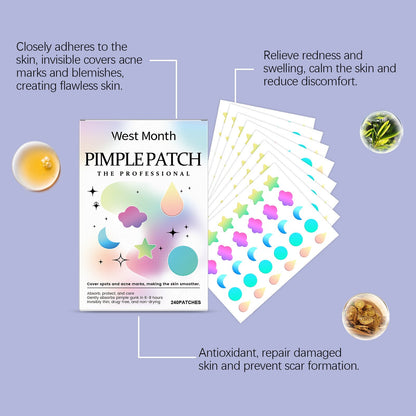 Acne pimple patch box with adhesive patch sheets and illustrated performance icons