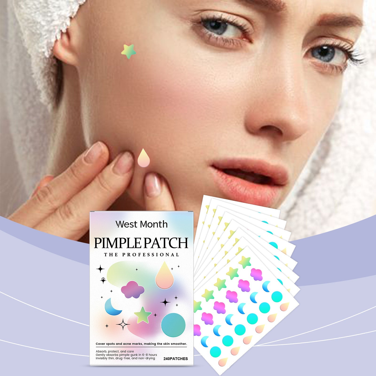 Acne pimple patch set with small star-shaped patch being applied to a person’s cheek