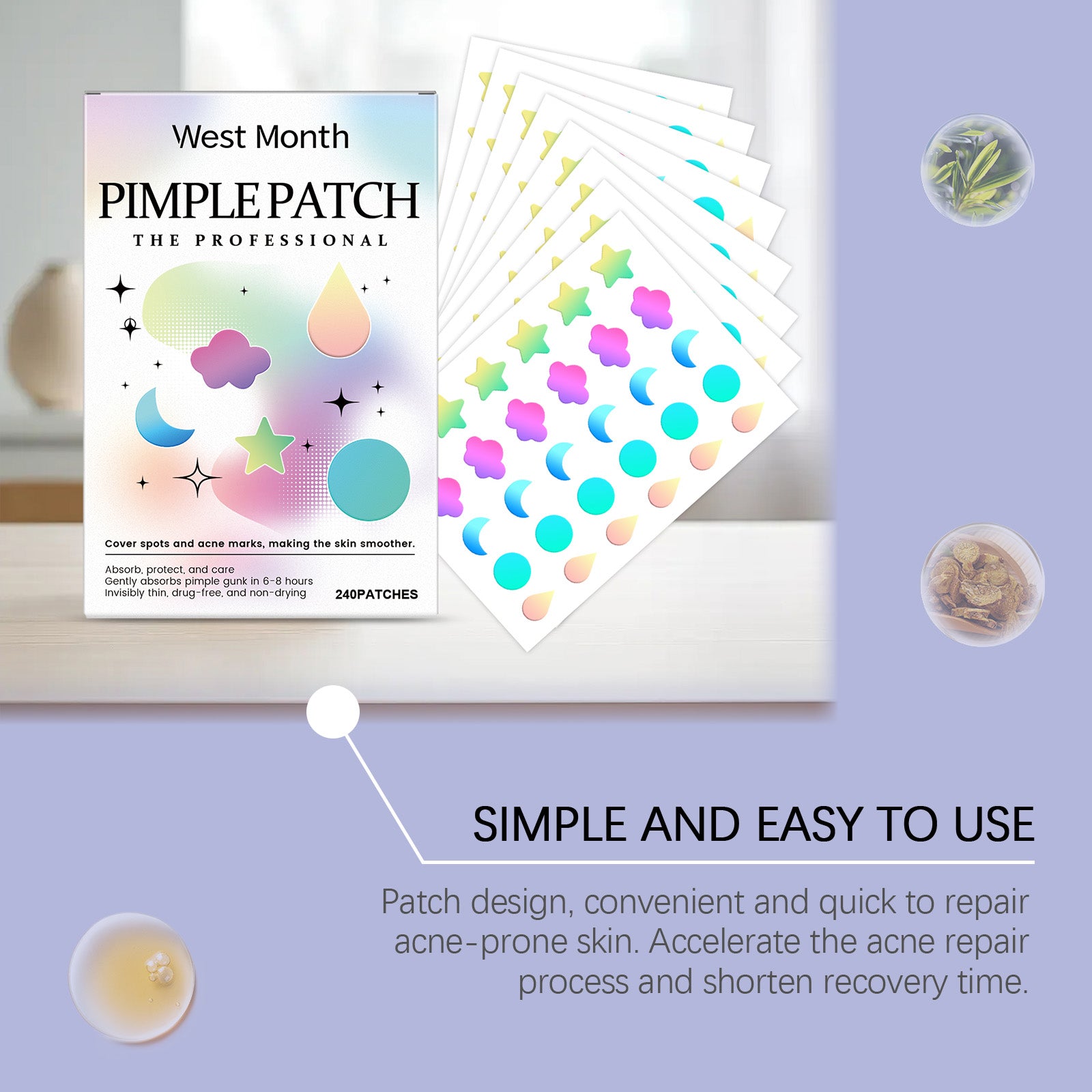 Acne pimple patch box with stacked adhesive patch sheets on a tabletop