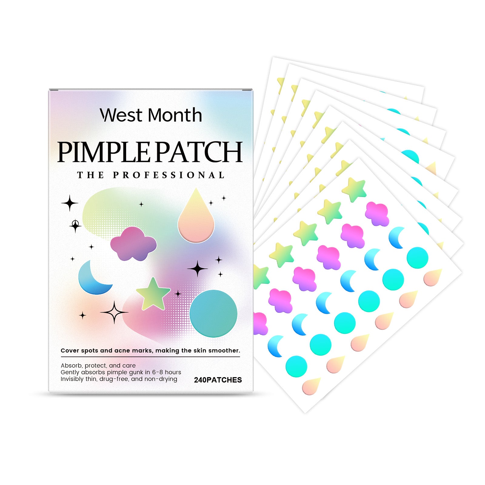 Acne pimple patch box with adhesive patch sheets in colorful star, moon, and cloud shapes