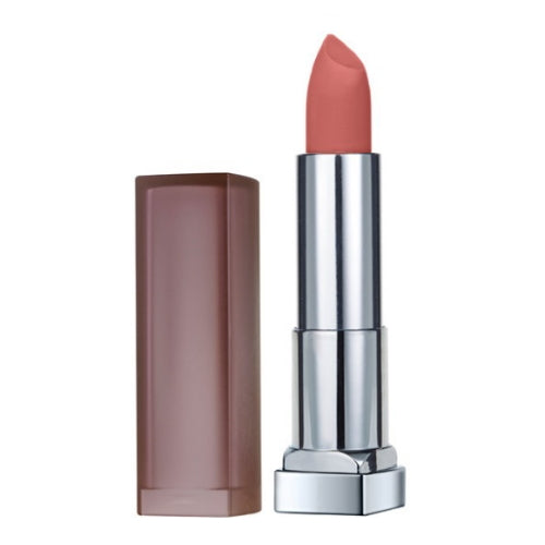 Matte lipstick shade Touch of Spice, open silver tube with nude-brown bullet