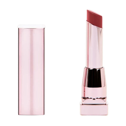Scarlet red lipstick with pink metallic casing, cap on, beside the tube