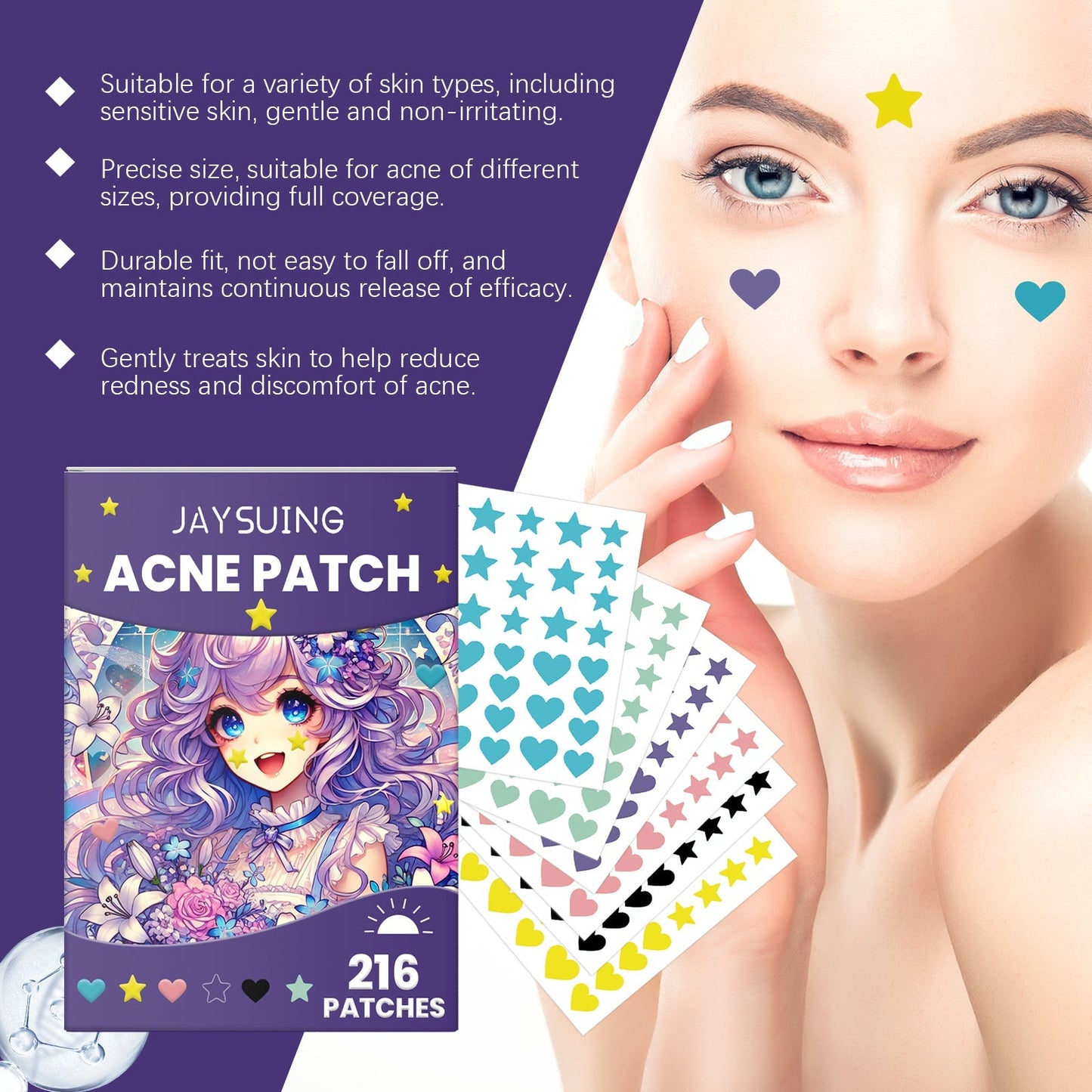 Acne patches and patch sheet pack held near a woman’s cheek and jaw