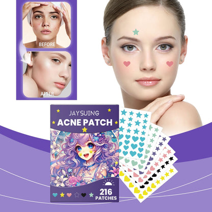 Acne patches on face with colorful patch sheets and product box beside