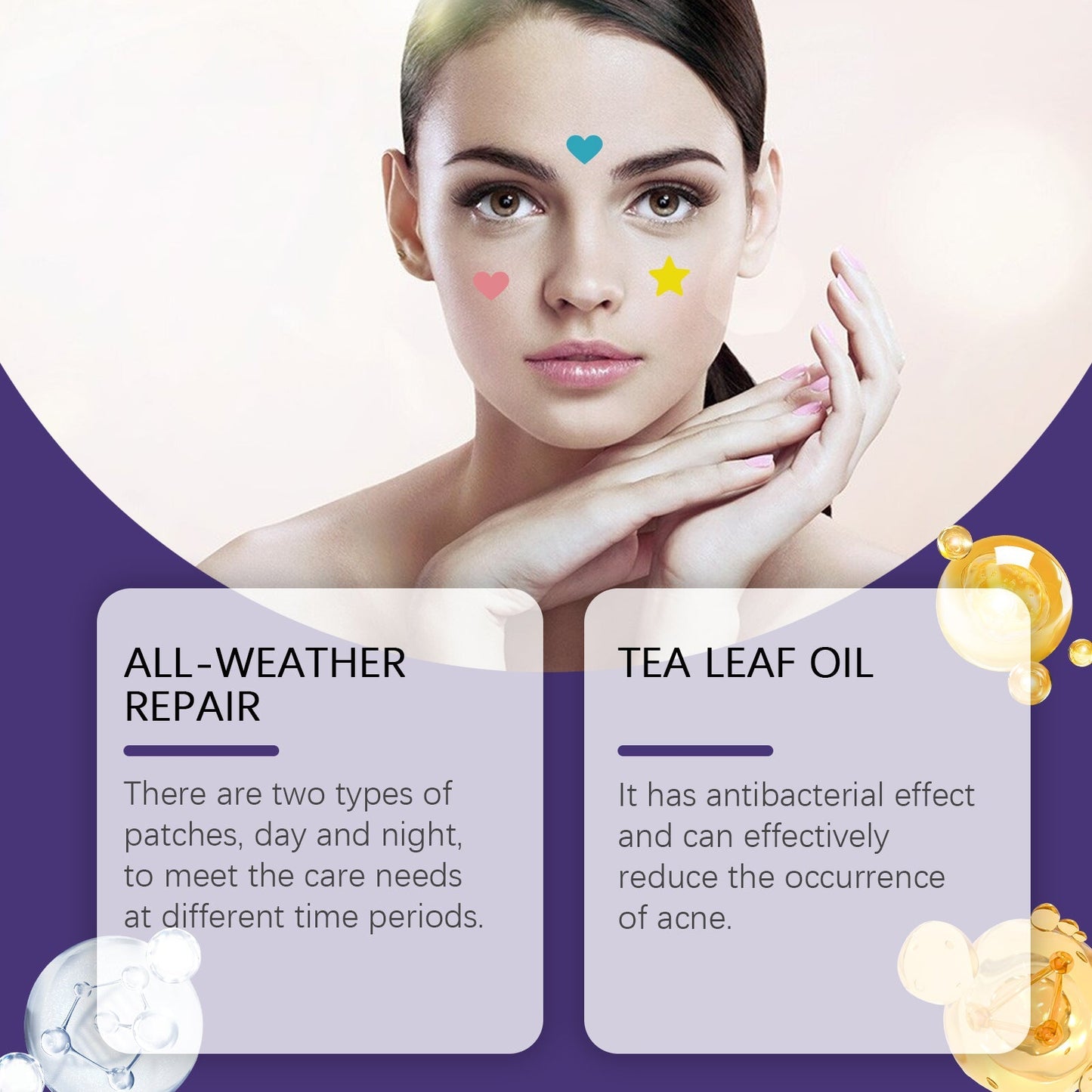 Acne patches demo on a woman’s face with small star and heart icons