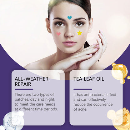 Acne patches demo on a woman’s face with small star and heart icons