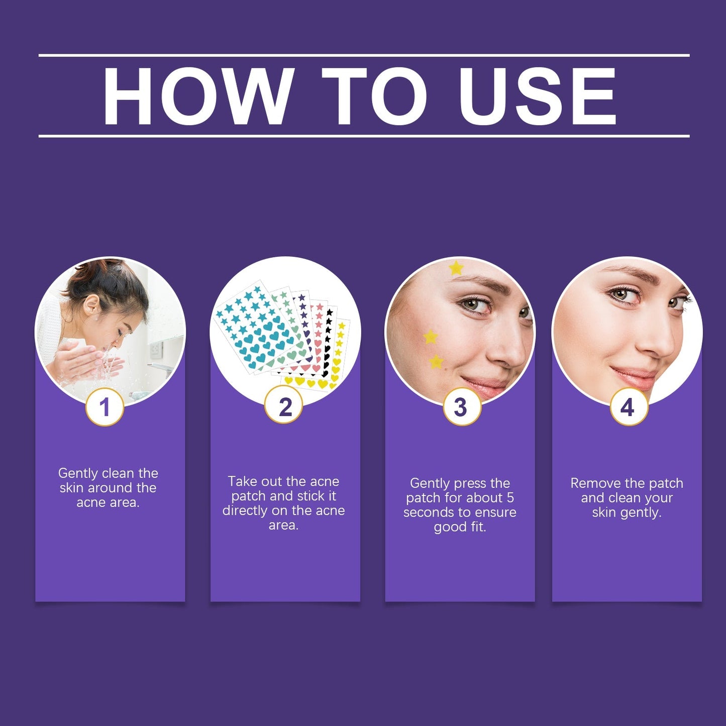 Acne patch how-to use steps showing patch placement and removal on skin
