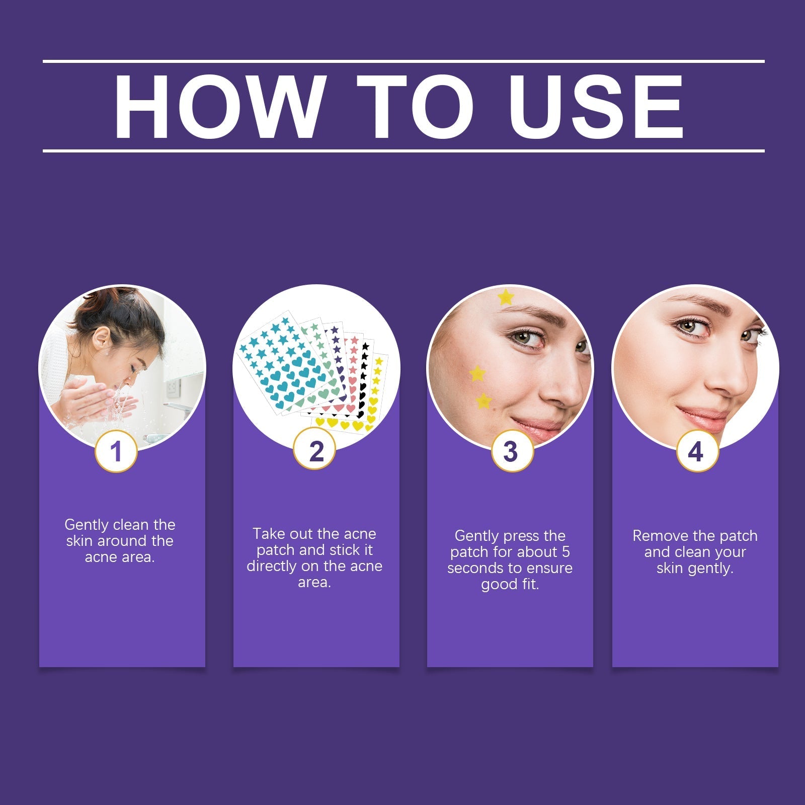 Acne patch how-to use steps showing patch placement and removal on skin