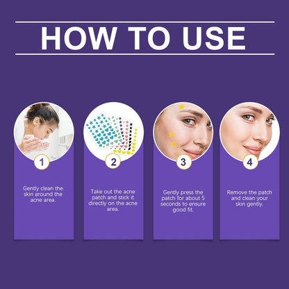 Acne patch how-to use steps showing patch placement and removal on skin