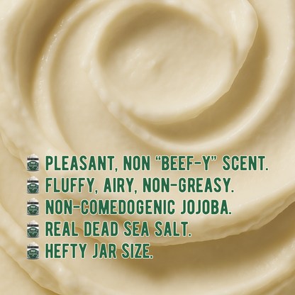 Whipped tallow balm with smooth creamy swirl, non-greasy texture