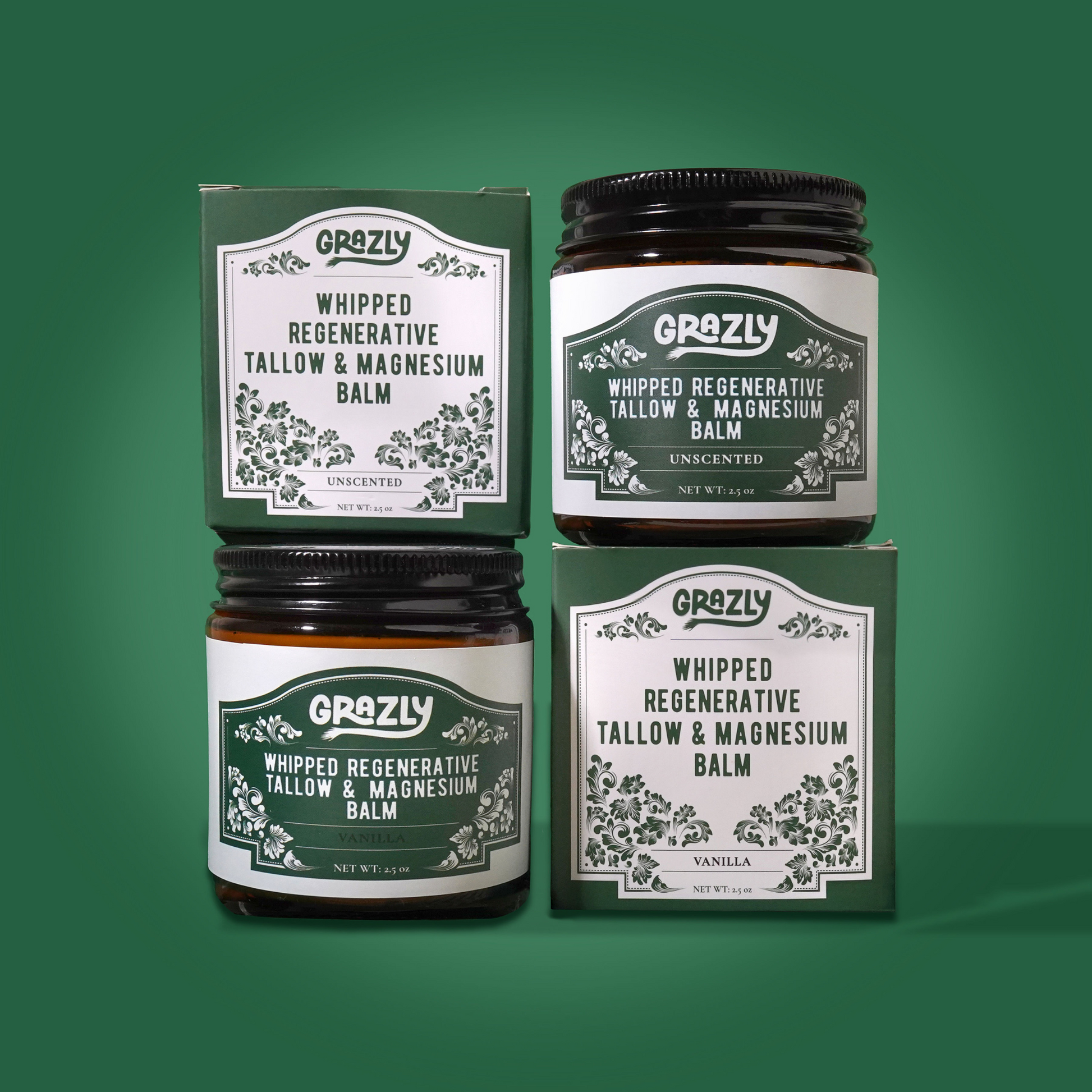 Whipped tallow & magnesium balm jars set with boxes; jar tops visible, assorted scents