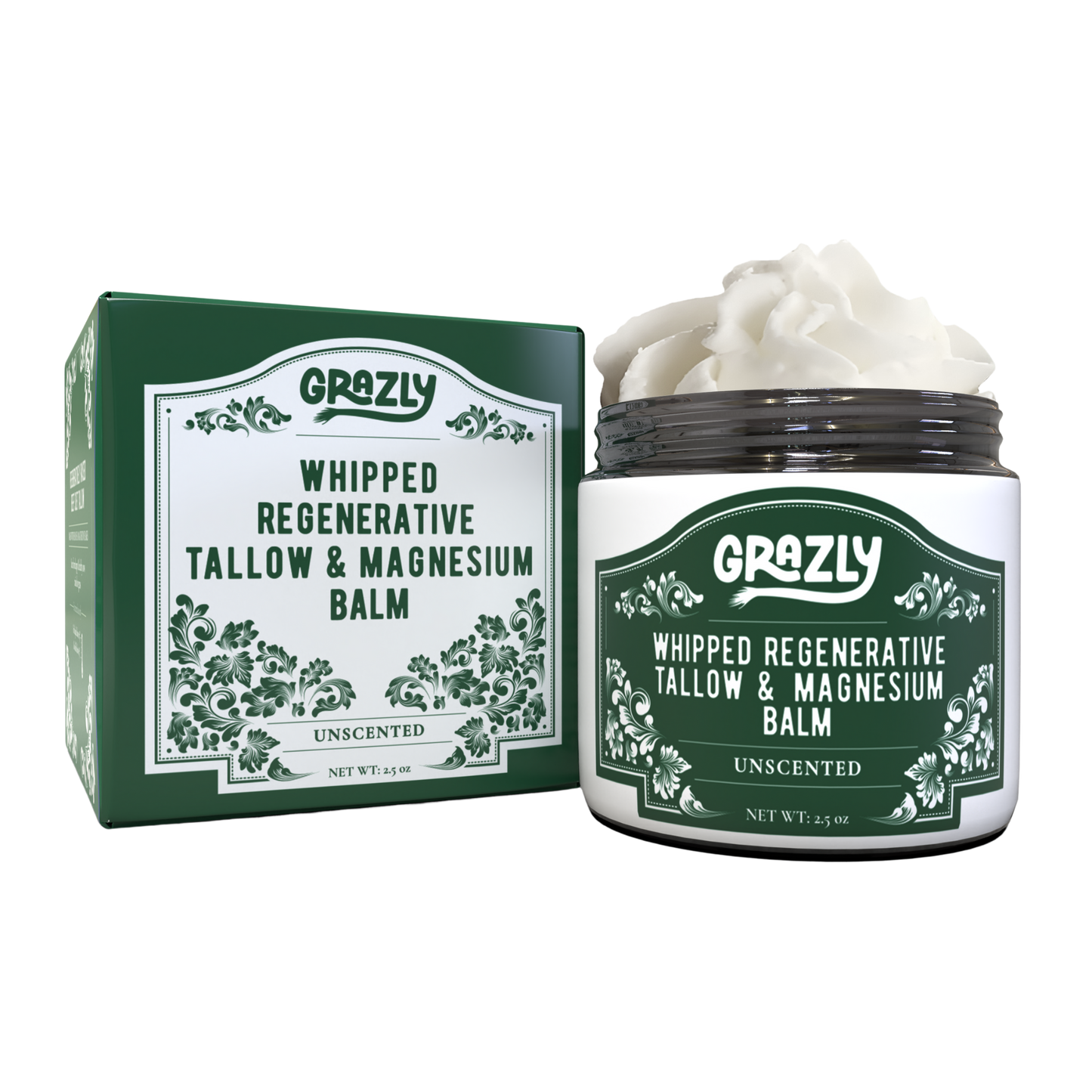 Whipped tallow & magnesium balm jar with box, unscented; black lid, white cream topping