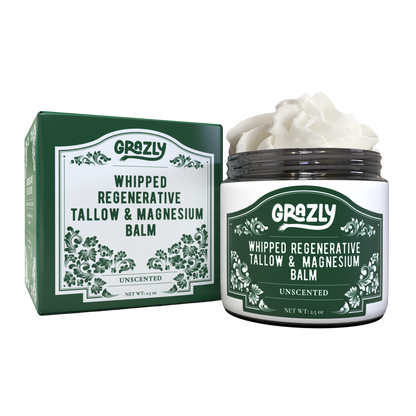 Whipped tallow & magnesium balm jar with box, unscented; black lid, white cream topping