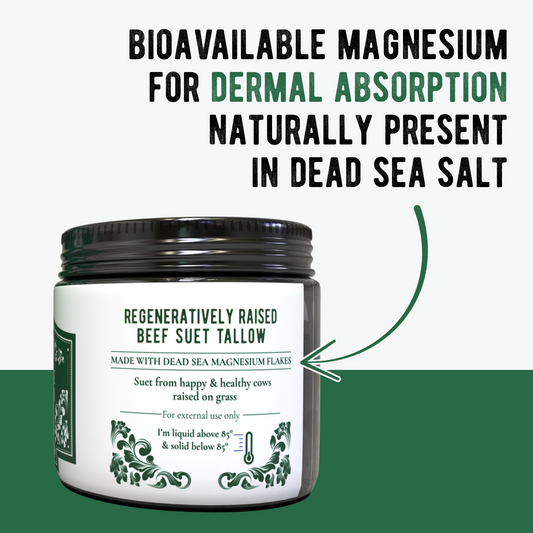 Whipped tallow & magnesium balm jar, unscented; black screw lid on white label