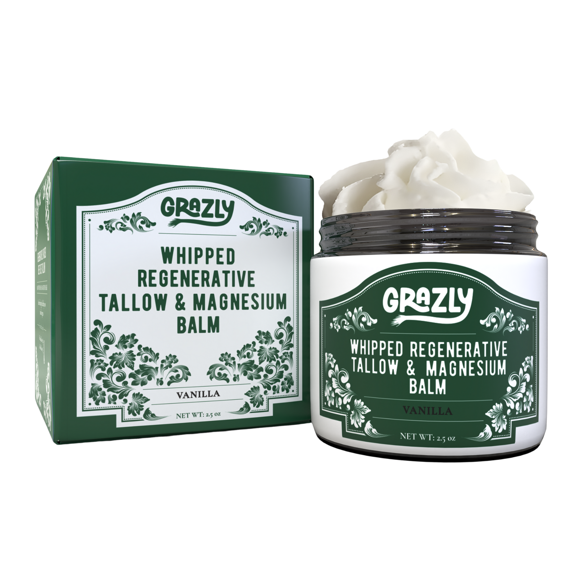 Whipped tallow & magnesium balm jar with box, vanilla; black lid, white cream topping
