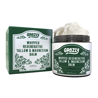 Whipped tallow & magnesium balm jar with box, vanilla; black lid, white cream topping