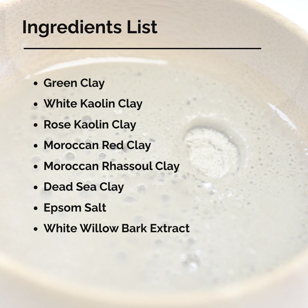 Detoxifying mask ingredients list over bowl of pale green clay paste
