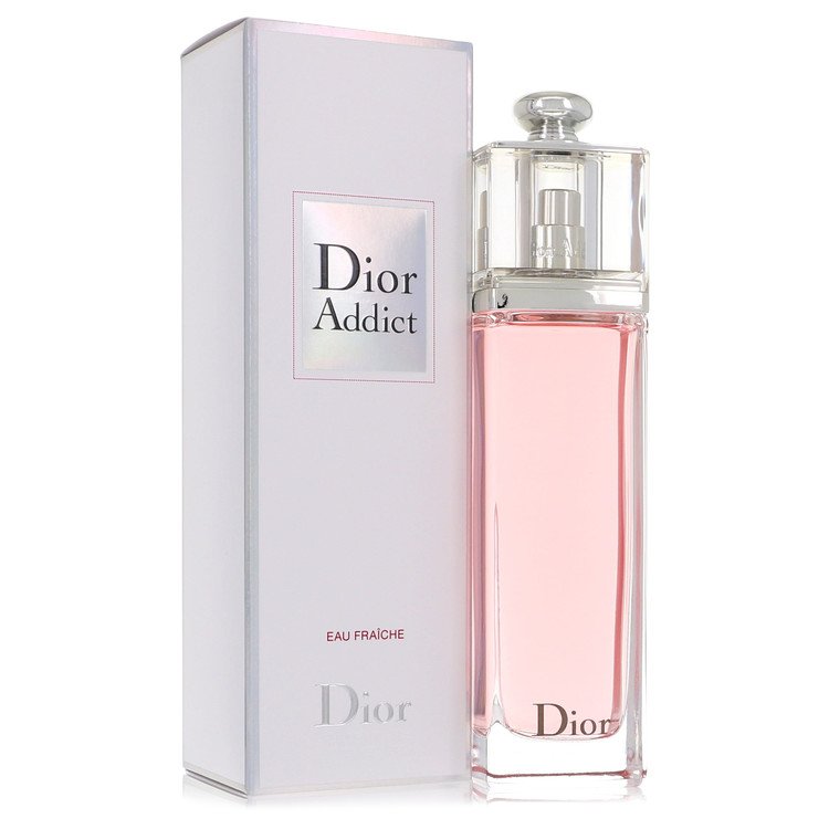 Dior Addict Eau Fraiche spray: clear bottle with pink liquid, silver cap, white box