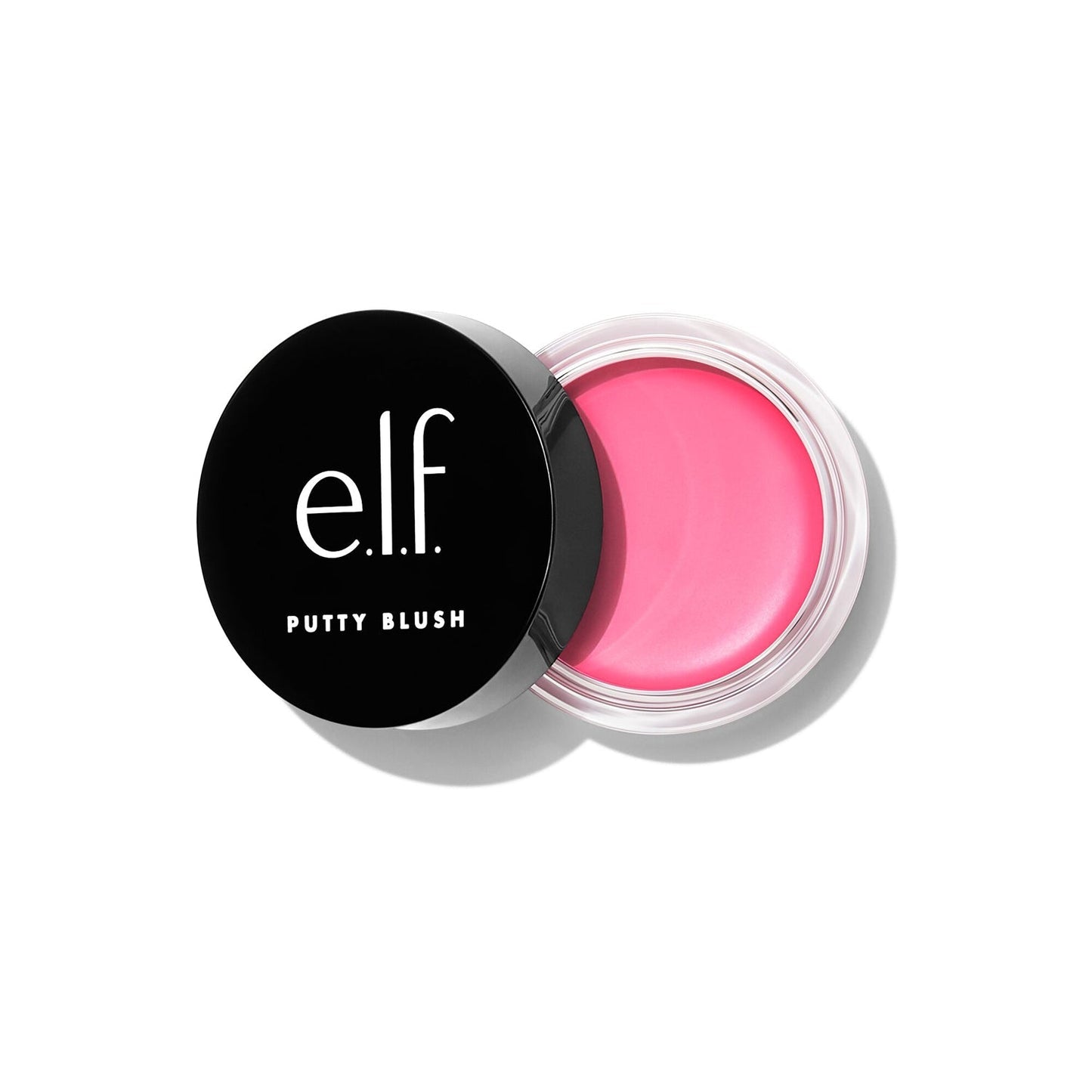 e.l.f. Putty Blush cream blush in bright pink shade, open jar with black lid