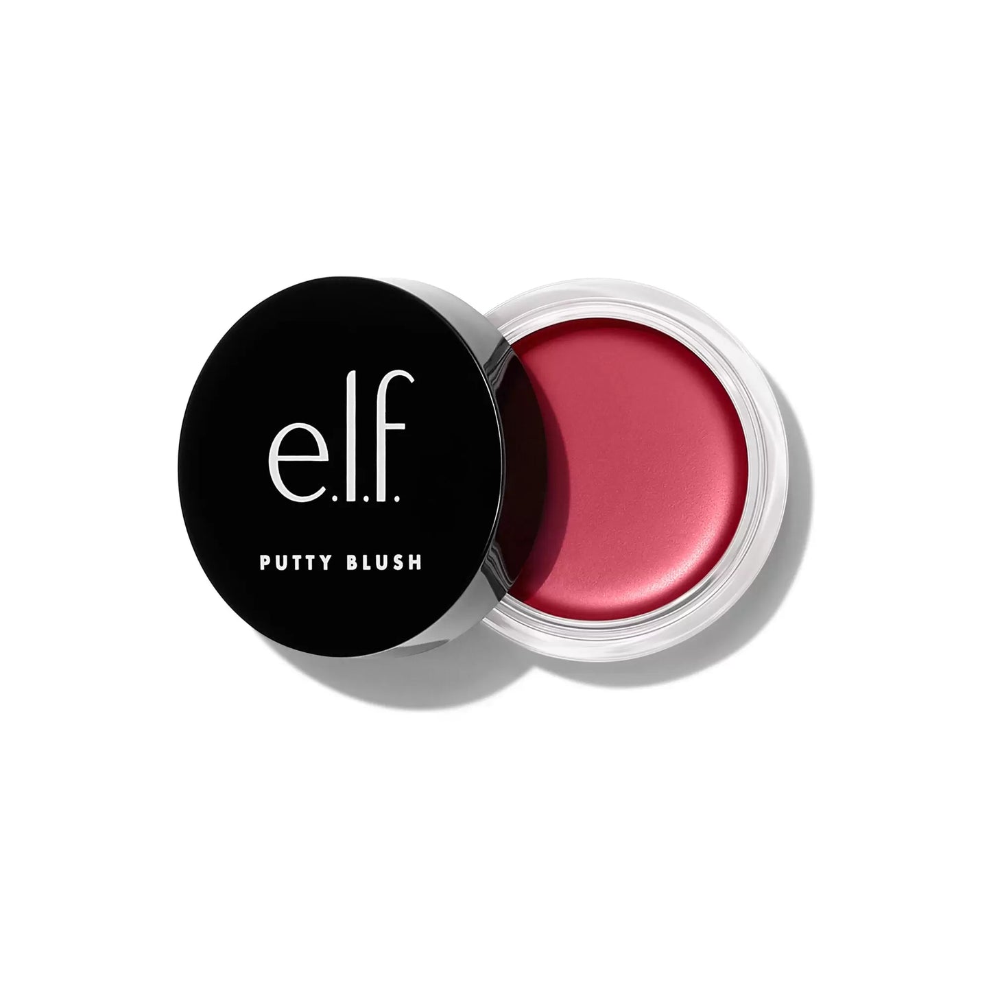 e.l.f. Putty Blush cream blush in fuchsia-red shade, open jar with black lid