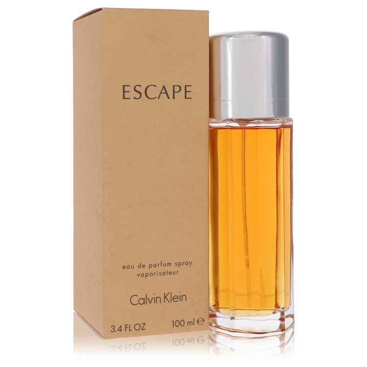 Escape eau de parfum spray with amber bottle, silver cap, and beige box