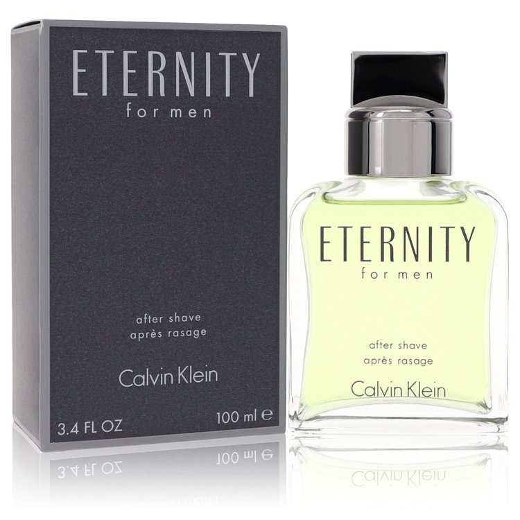 Eternity for men after shave bottle and box, 3.4 fl oz, clear bottle with black cap.