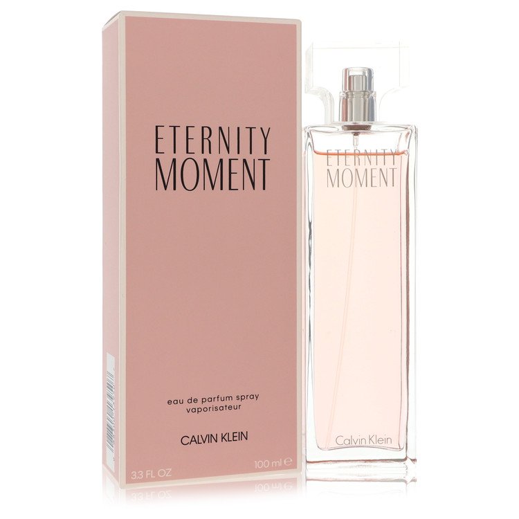 Calvin Klein Eternity Moment eau de parfum spray bottle and pink box, 3.4 oz