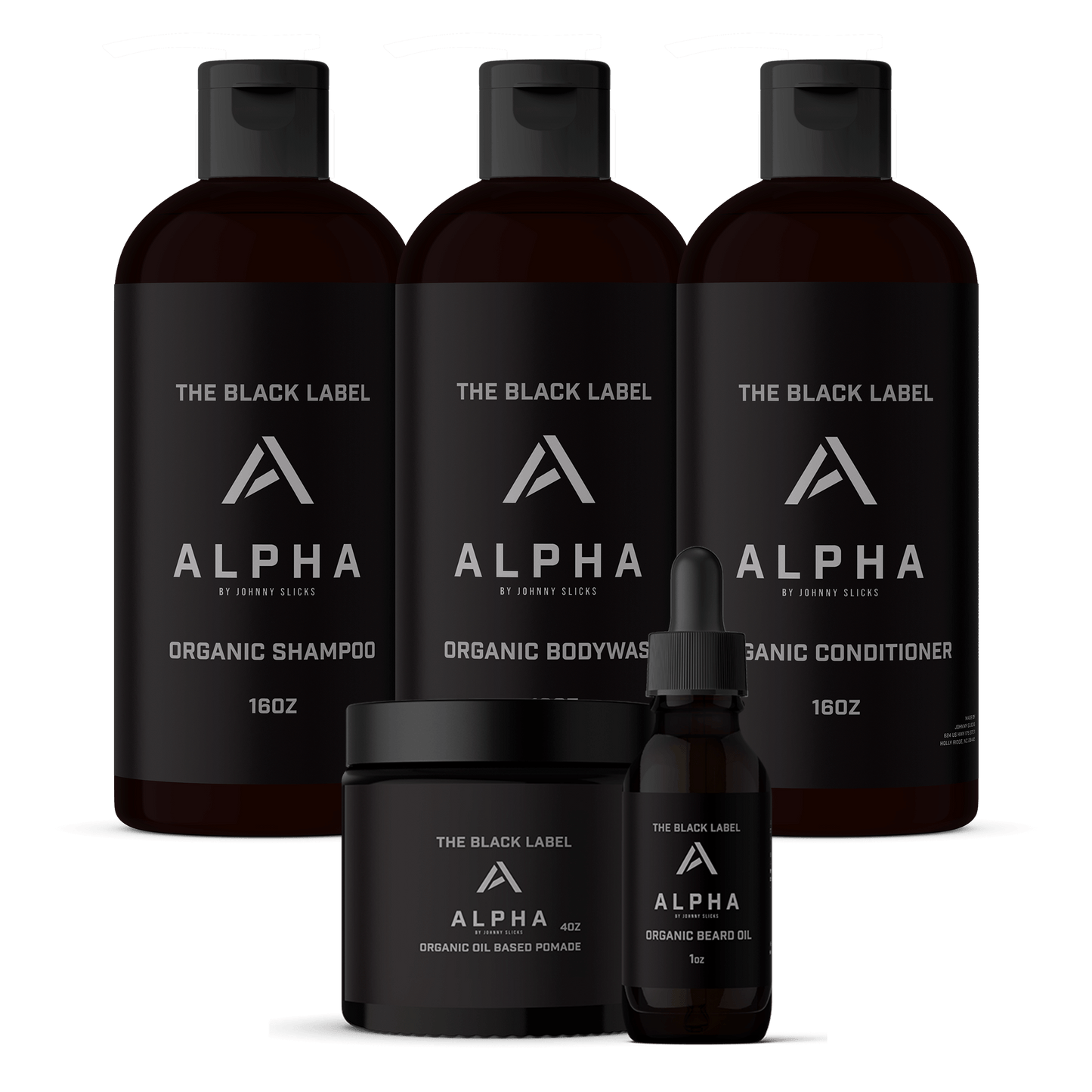 Organic grooming set with shampoo, body wash, conditioner bottles, plus beard oil and pomade
