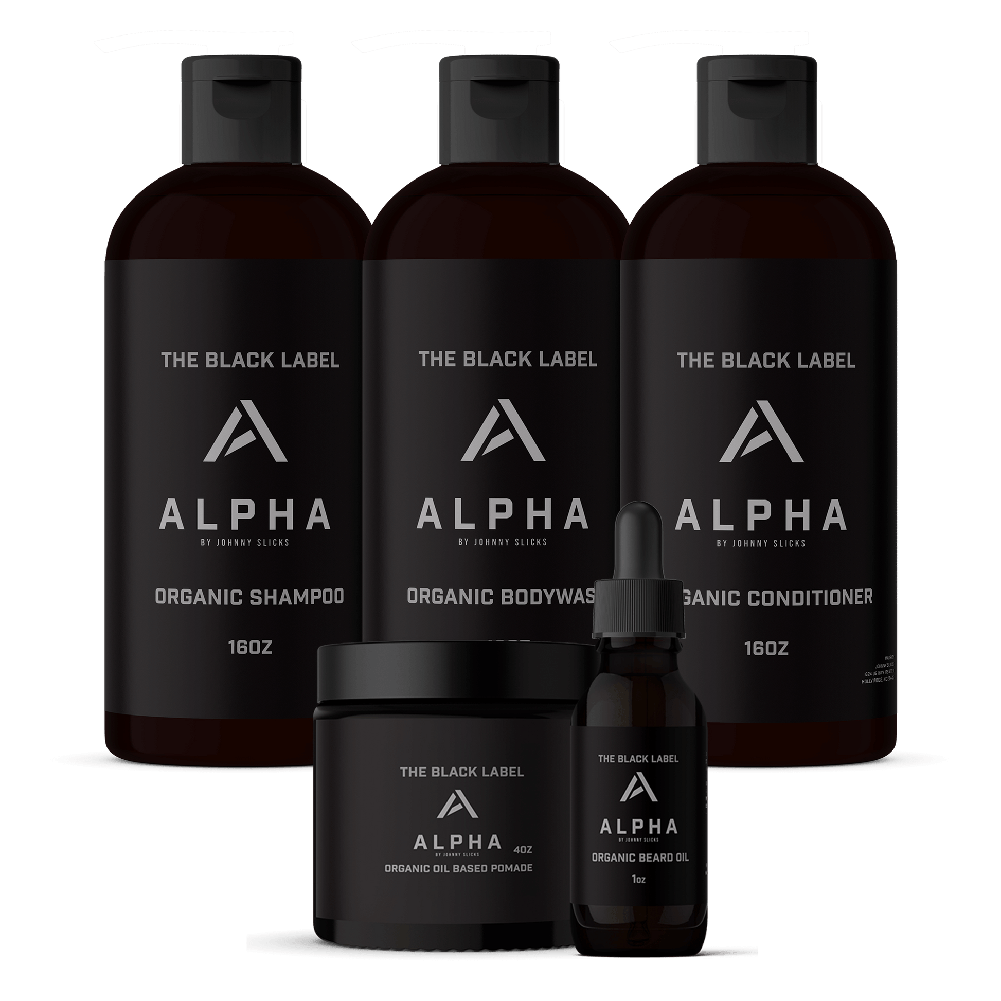 Organic grooming set with shampoo, body wash, conditioner bottles, plus beard oil and pomade
