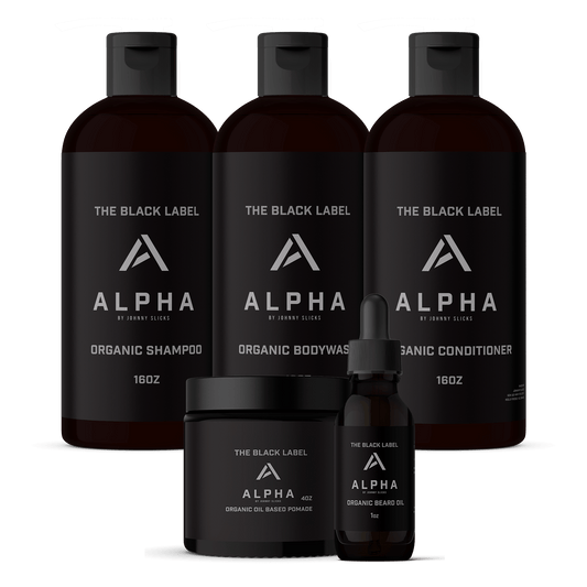 Organic grooming set with shampoo, body wash, conditioner bottles, plus beard oil and pomade
