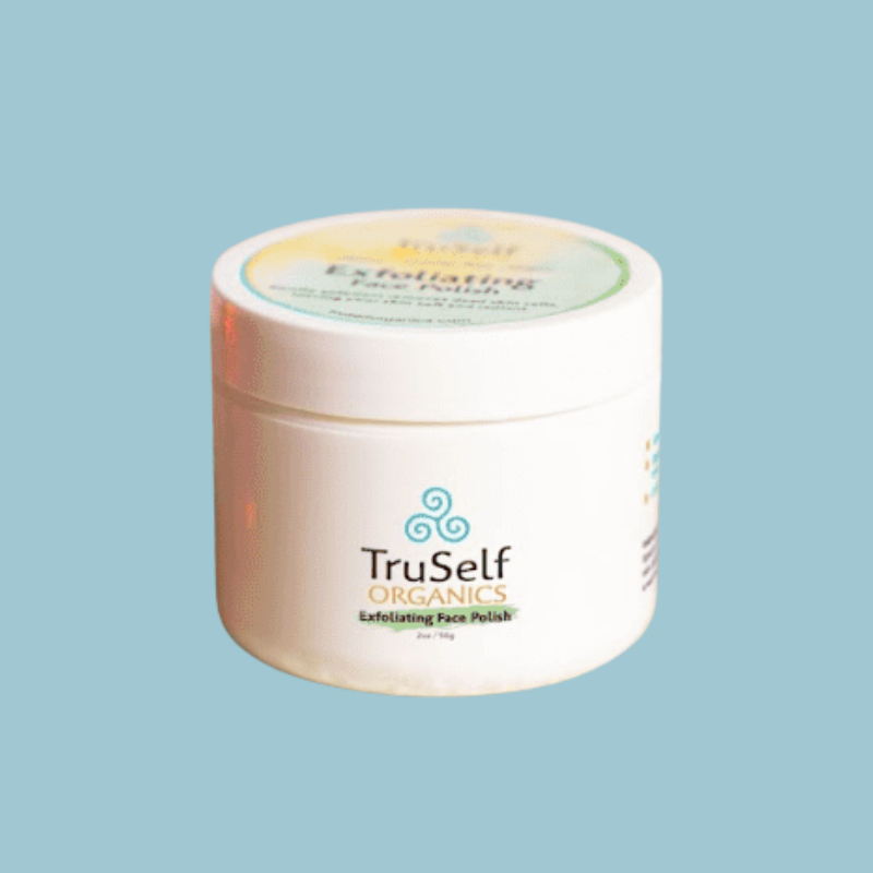 Exfoliating face polish jar, white with TruSelf Organics logo and green lid label