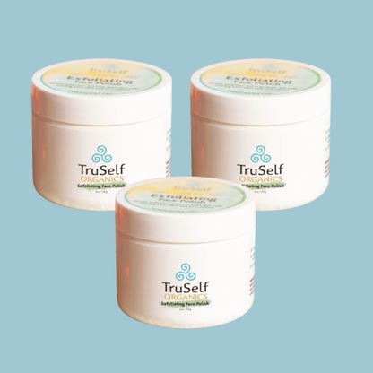 Bundle of three exfoliating face polish jars, white containers with TruSelf Organics labels