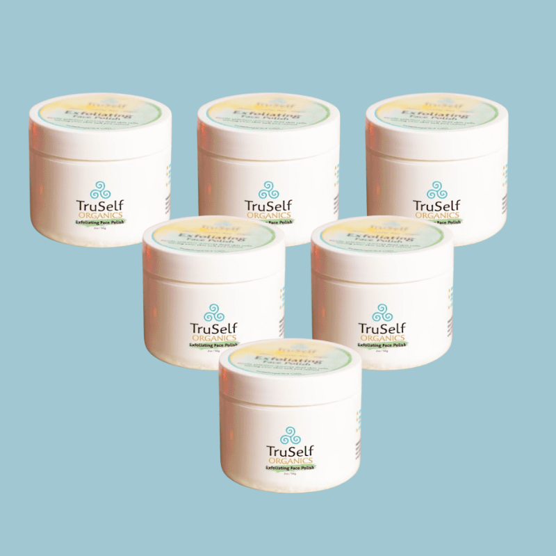 Bundle of six exfoliating face polish jars, white containers with TruSelf Organics labels