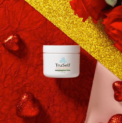 Exfoliating face polish jar, white with TruSelf Organics logo and product label